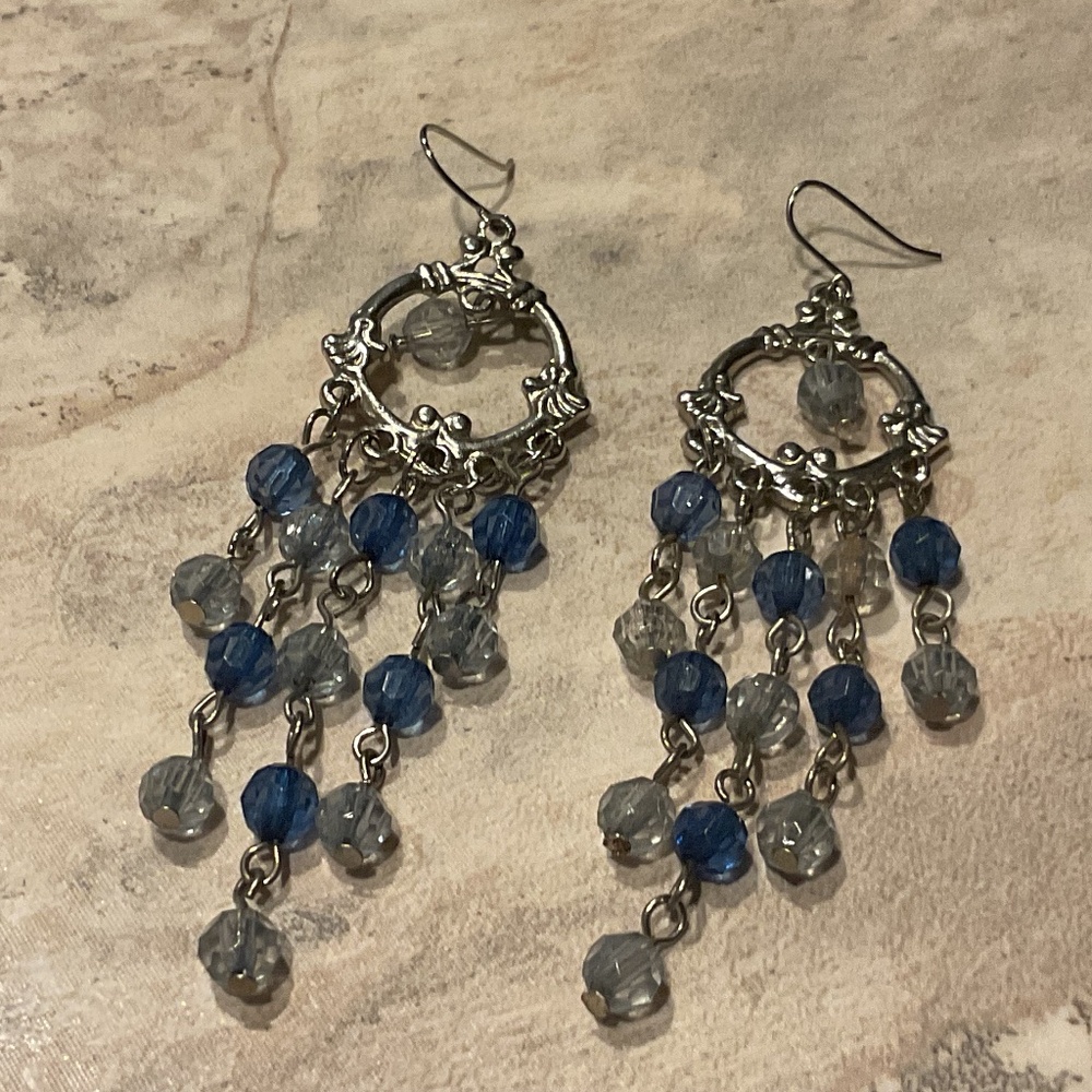 Chandelier Dangle Earrings Silvertone Blue Clear beads 3” New